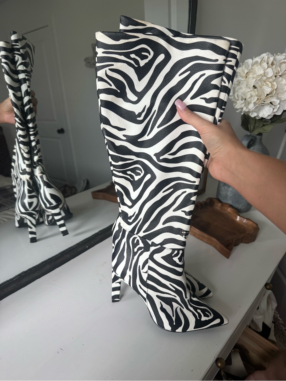 ASOS Zebra Print Knee-High Stiletto Boots in Black and White